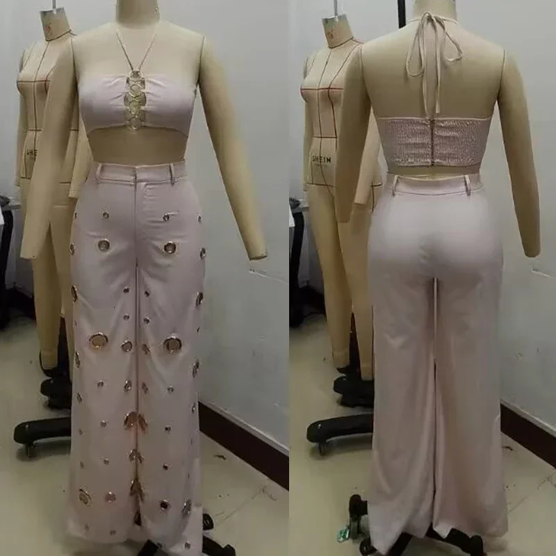 Sexy Night Party 2 Piece Sets Women Outfit Clubwear Festival Clothing Halter Strapless Crop Top and Hollow Out Wide Leg Pants 250605