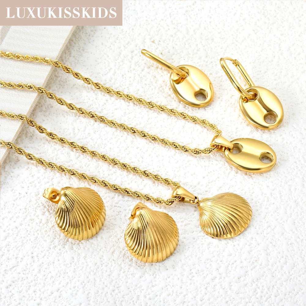 LUXUKISSKIDS Enamel Shell Golden Textured Conch Earrings Necklace s Summer Stylish Steel Woman K Gold Plated Jewelry Set Z250607