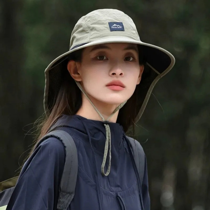 Unisex Summer Wide Brim Waterproof and Quick-drying Panama Caps Outdoor Visor Bucket Hats Mesh Breathable Sun Hat with Neck Flap 250606