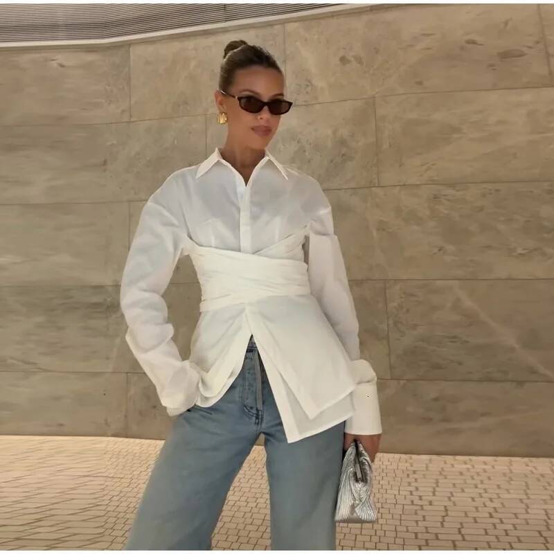 Elegant Women's Waist Up White Shirt Pleat Lapel Long Sleeve Button Blouses Top 2025 Spring Summer Lady High Street Outwear New