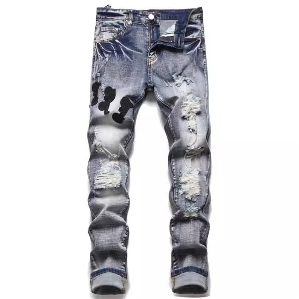 2025 new free shipping designer Jeans Embroidered men jeans with knee hole zipper small leg pants large denim pants Durable Stretchy
