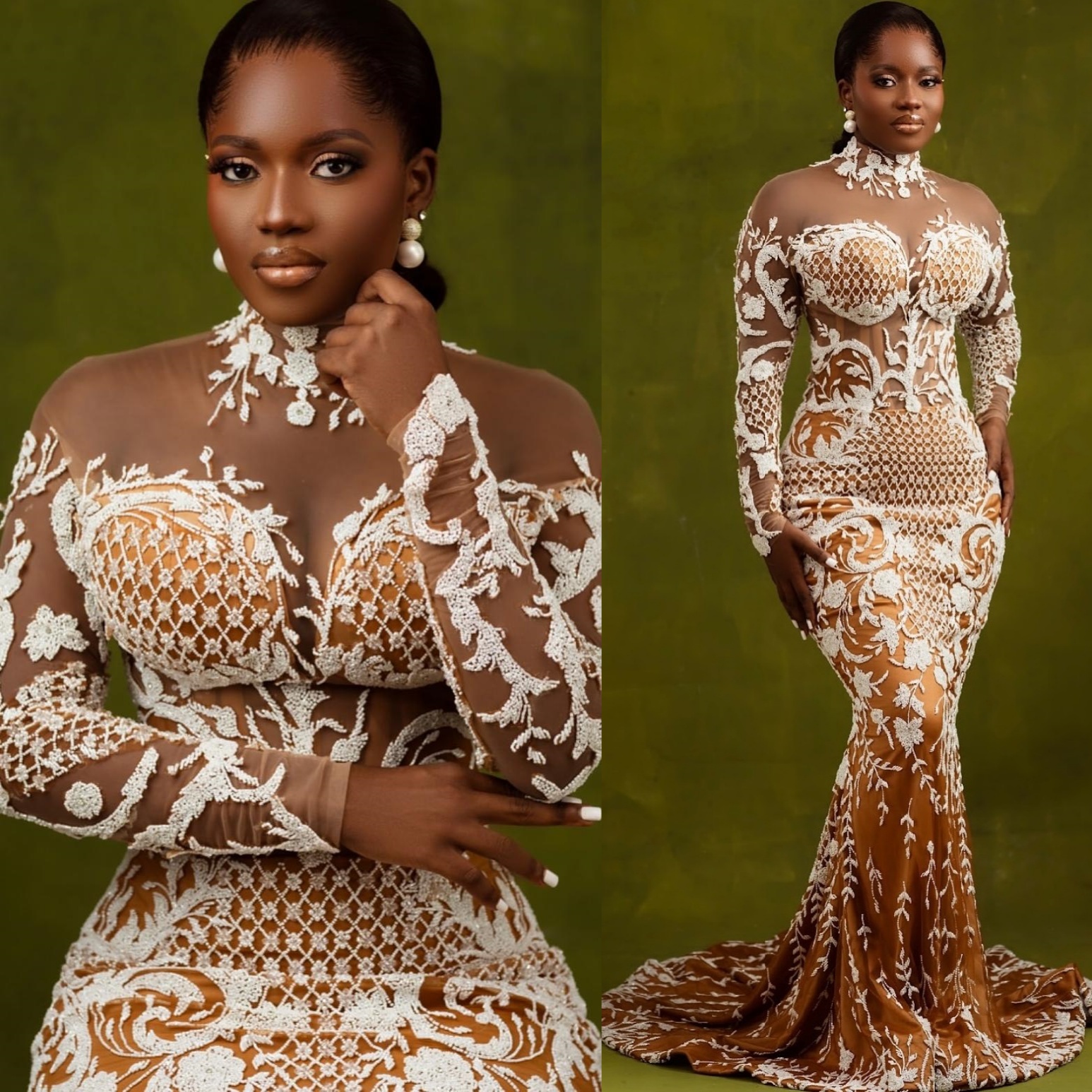 2025 Arabic Aso Ebi Plus Size Ivory Mermaid Wedding Dresses Illusion Lace Sheer Neck Full Sleeves Vintage Bridal Gowns Dress ZJ205