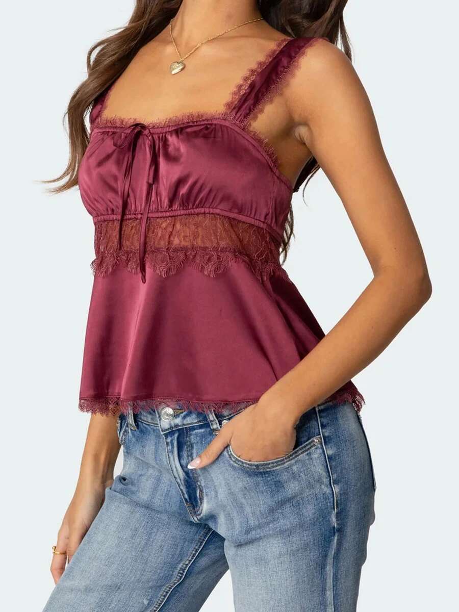 Womens Lace Trim Sleeveless Babydoll Tank Top with Square Neck and Backless Design Fit Crop Shirt for Summer Streetwear