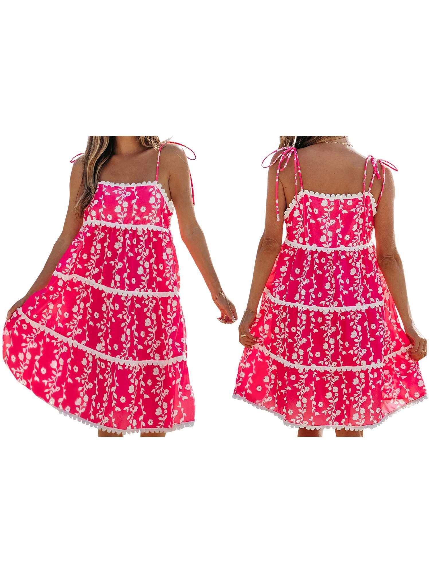 Womens Boho Style Floral Print Sleeveless Mini Dress with Adjustable Spaghetti Straps and Flowy Beach Vibe