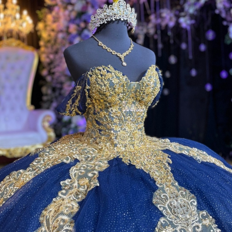 Royal Blue Shiny Quinceanera Dresses Ball Gown Off The Shoulder Gold Applique Lace Beads Tull Sweet 16 Dress Vestidos 15 De Anos