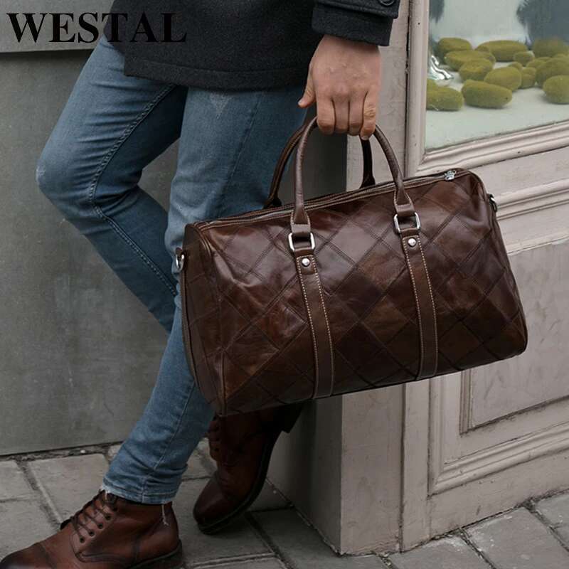WESTAL Men's Hand Genuine Duffle Bags Leather Lage Travel Suitcases Handbags big/Weekend Bag