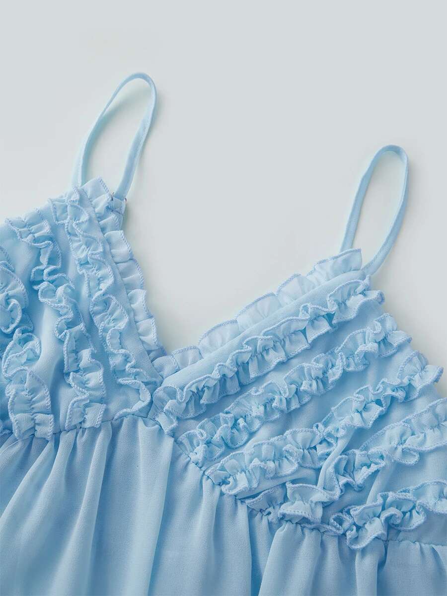 Womens Sleeveless v Neck Ruffle Trim Open Back Mesh Tank Top with Cropped Length for Summer Style