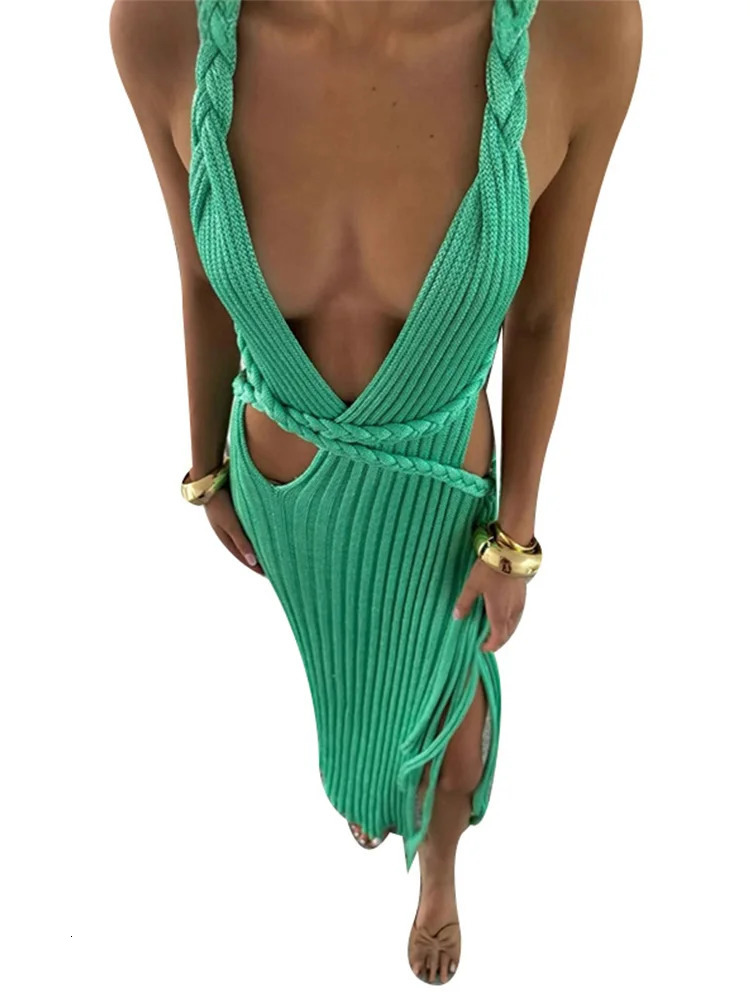 Sexy Knit High Slit Backless Long Dress Women Green Ribbed Hollow V-neck Dresses Female 2025 Summer Lady Beach Party Robes 250605