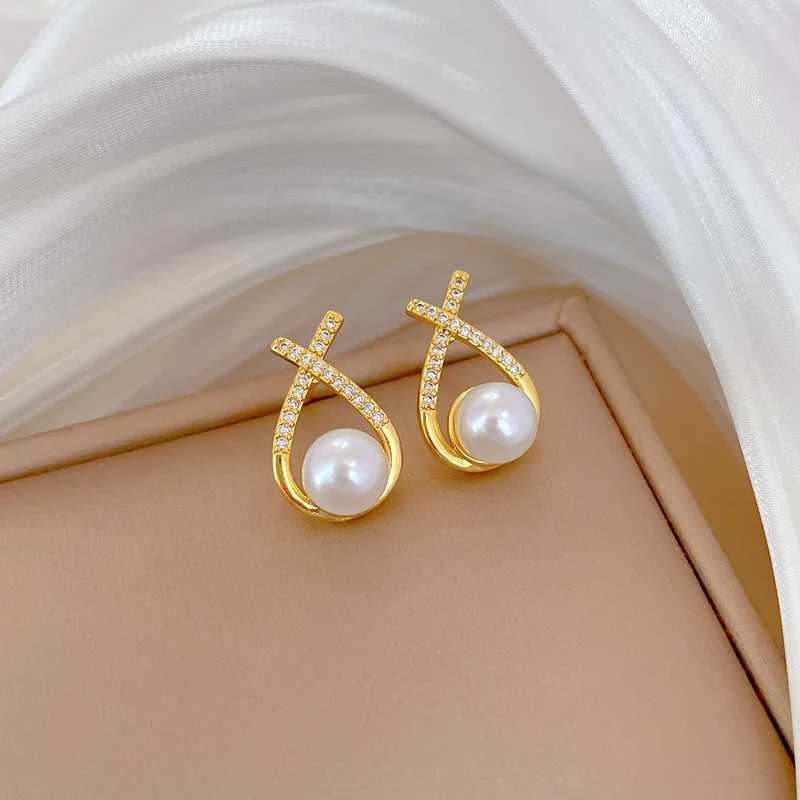 DIEYURO 316L Stainless Steel Elegant Cross Knot Imitation Zircon Pearl Pendant Necklace Earrings Set New Jewelry Gift Z250607