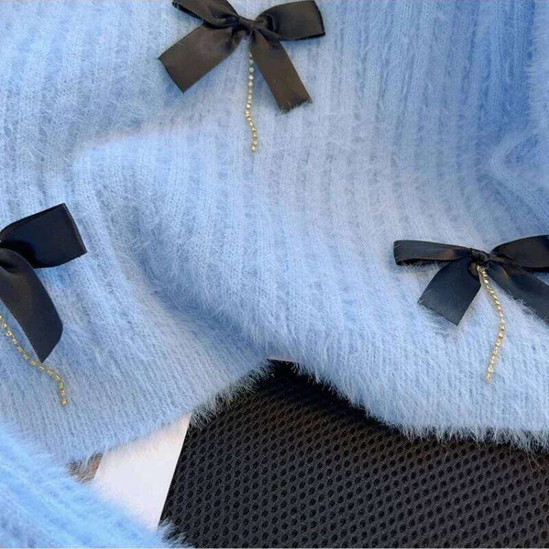 Y2k Bows Sweet Women Sweaters Autumn Winter Soft Elegant Short Pullovers Korean Fashion Solid Pull Femme Tops