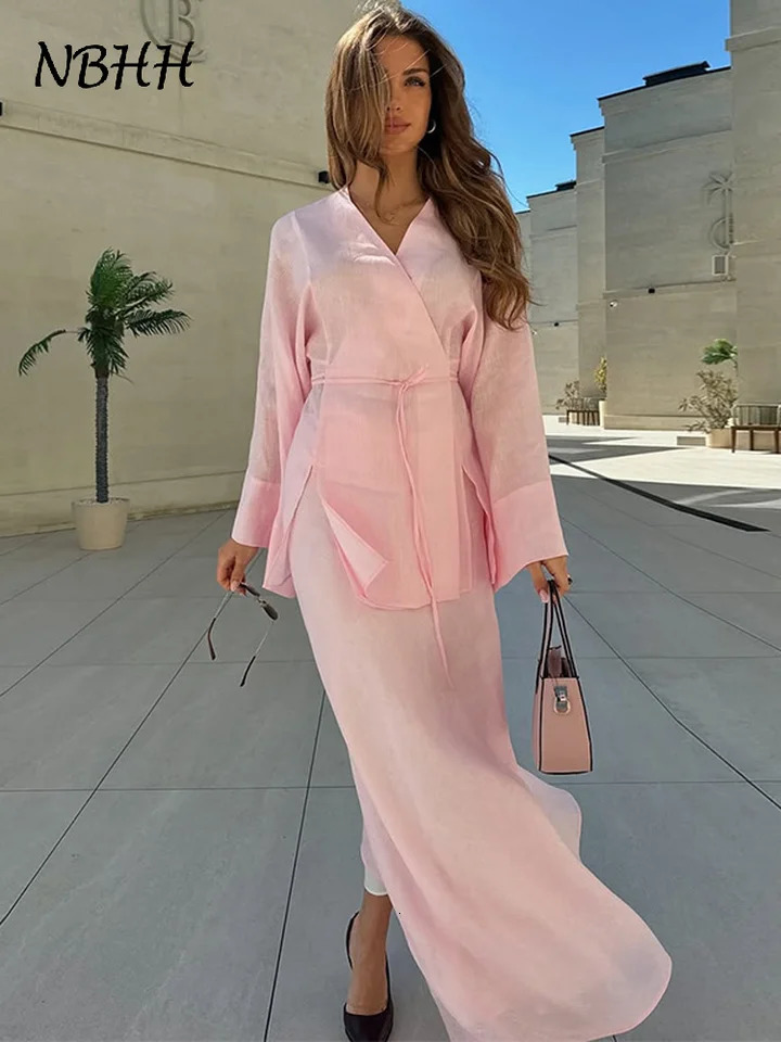 Loose Casual Lace Up Cardigan Skirt Sets Women Solid V neck Full Sleeve Top High Waist Skirt 2025 Spring Summer Casual Outfits 250605