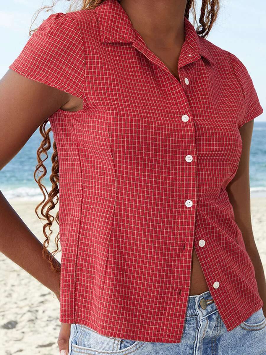 Womens Stylish Plaid Shirt in Blue with Short Sleeves and Turn Down Collar - Casual Button Up Top for Summer Wear