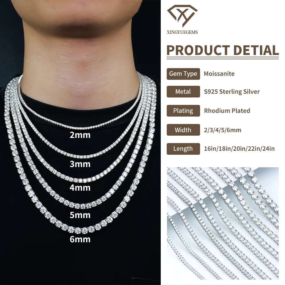 Custom Gra Jewelry 925 Sterling Silver Vvs Tennis Ice Out Lab Grown Diamond Mossanite Moissanite Necklace Chain for Women Men