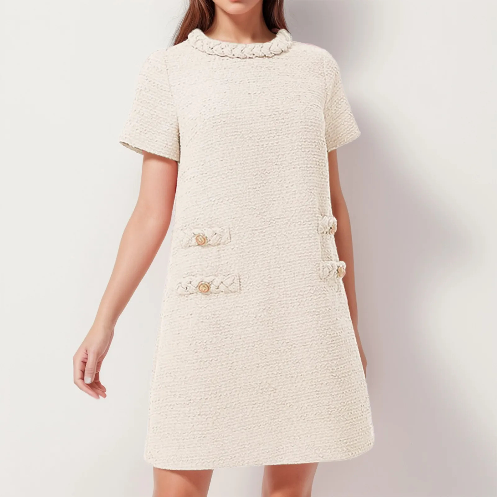 Women Sweet French Style Short Dresses Elegant Tweed Solid Color Button Up Pullover Midi Dress Office Lady Short Formal Dresses 250603