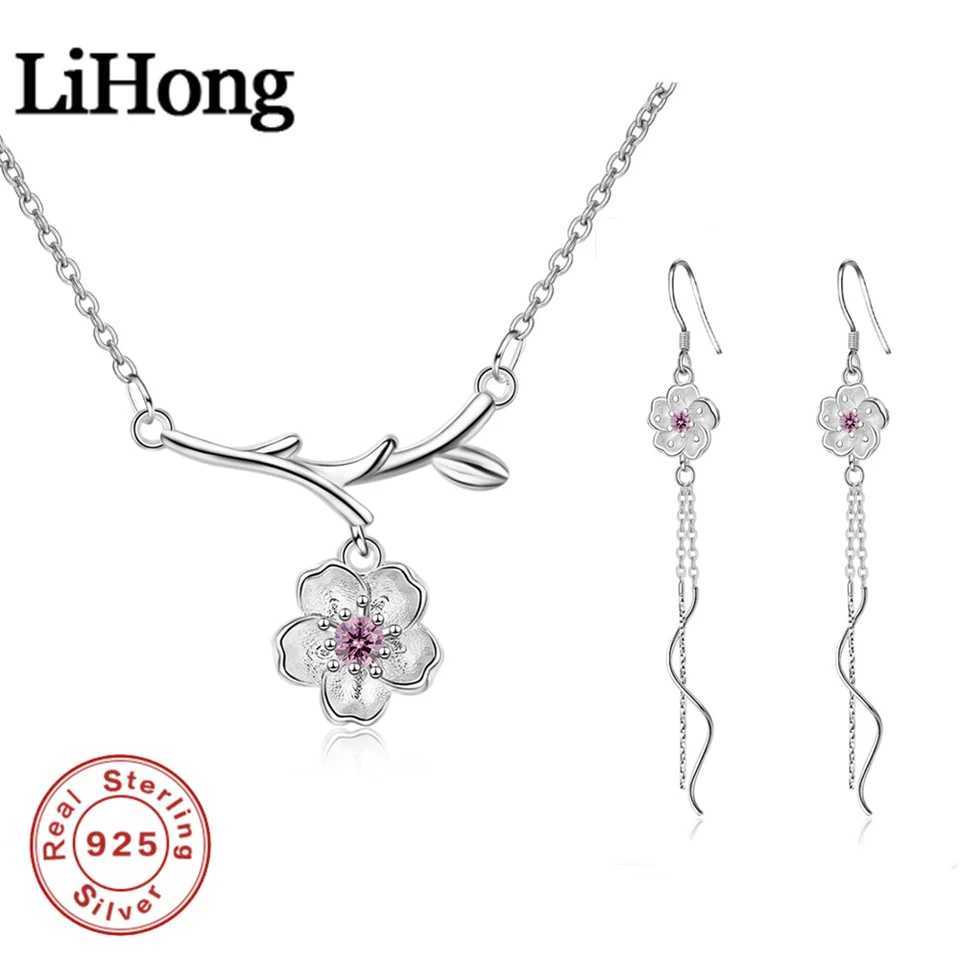 Lihong 925 Sterling Silver Pendant Necklace Earrings Sakura Tassel Set Engagement Jewelry Gifts for Women Z250607