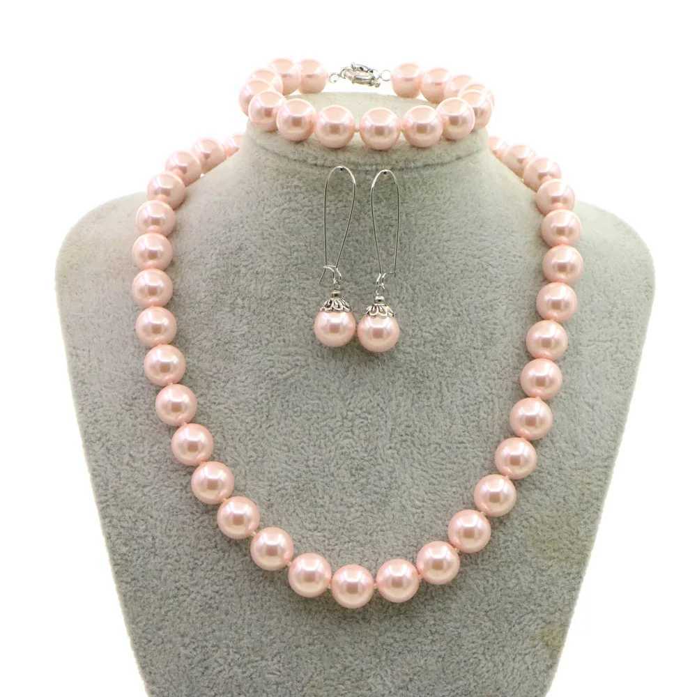 Necklace for Women 12mm Pink Pearl Necklace Earrings Sets Jewelry Mothers Day Anniversary Christmas Gifts Girls Z250607