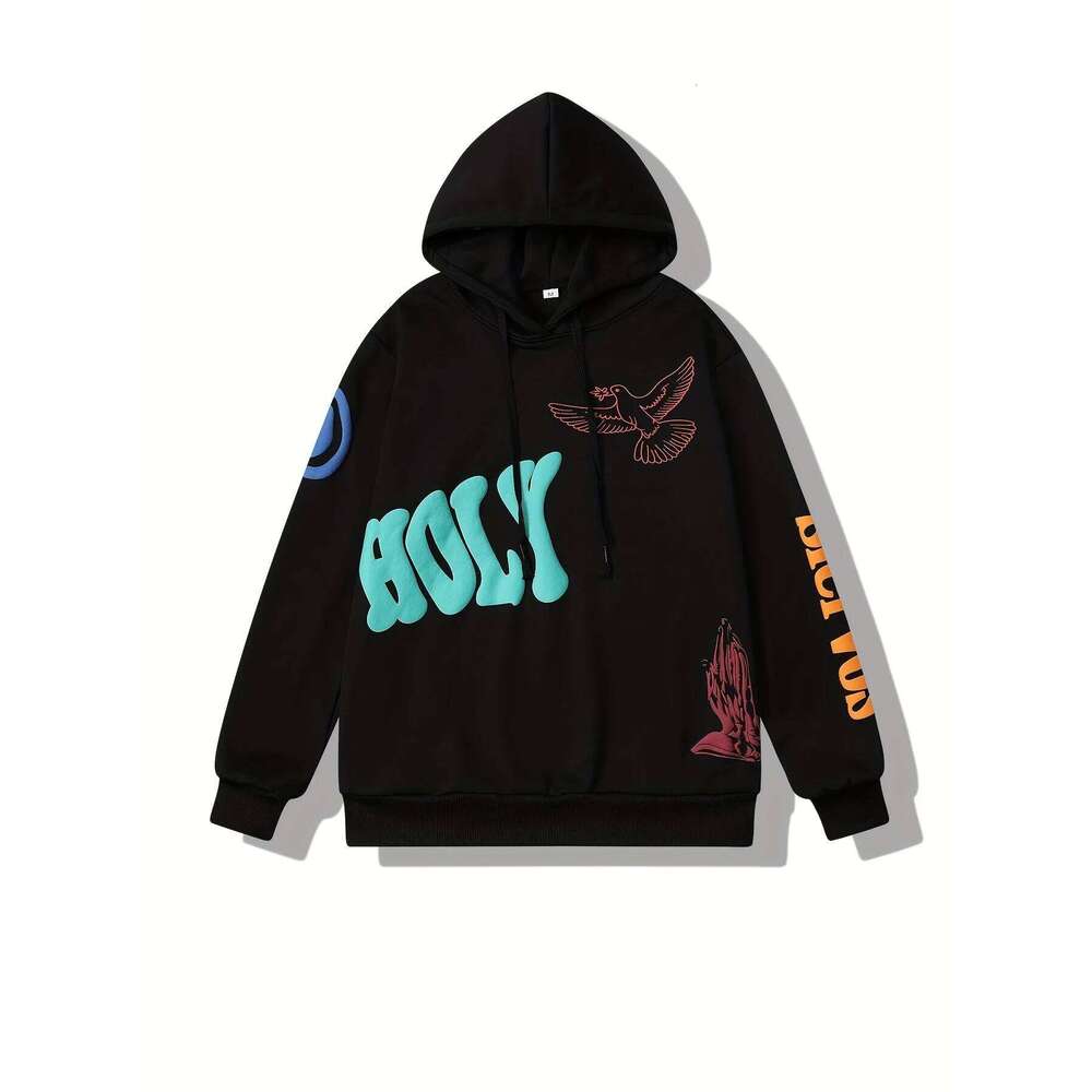 2024 Men's Women's Autumn Hooded Dove Pattern Bubble Letters Printed Sweatshirt Long Sleeve And Drawstring Casual Hoodie