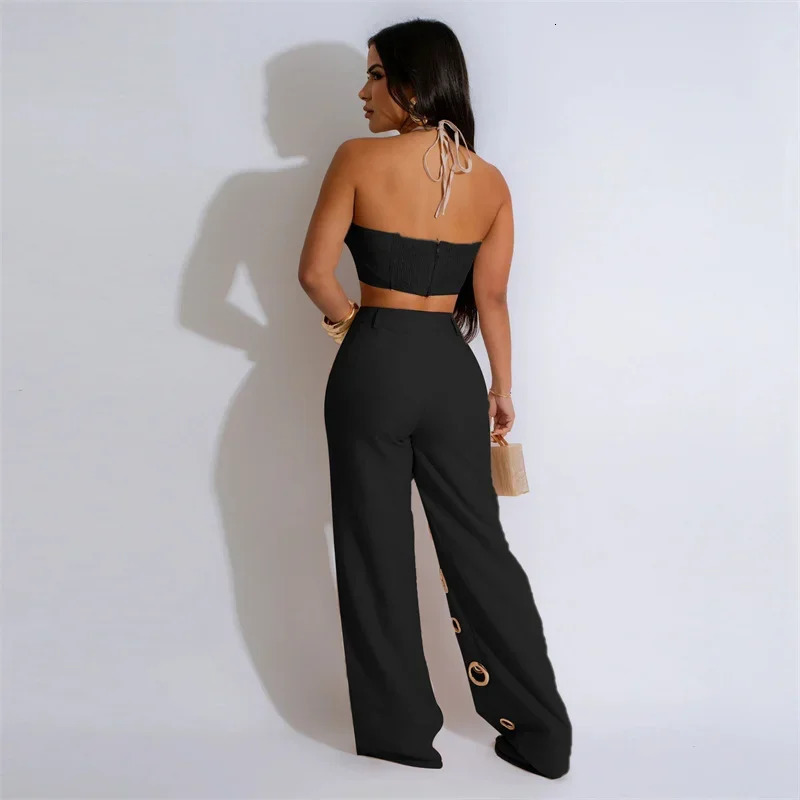 Sexy Night Party 2 Piece Sets Women Outfit Clubwear Festival Clothing Halter Strapless Crop Top and Hollow Out Wide Leg Pants 250605