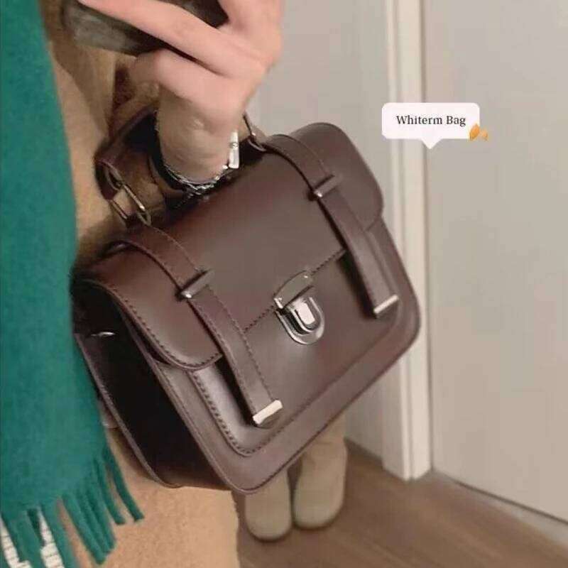 Girls Hundred Retro Small Square Bag Female Students Simple Crossbody College Style Shoulder Handbag Metal Lock Buckle Decoratio