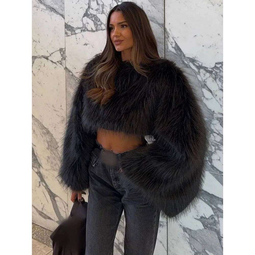ZBZA Women Warm Faux Fur Sweatshirts Thick Retro Round Neck Long Sleeve Solid Casual Loose Cropped Winter Chic Pullover
