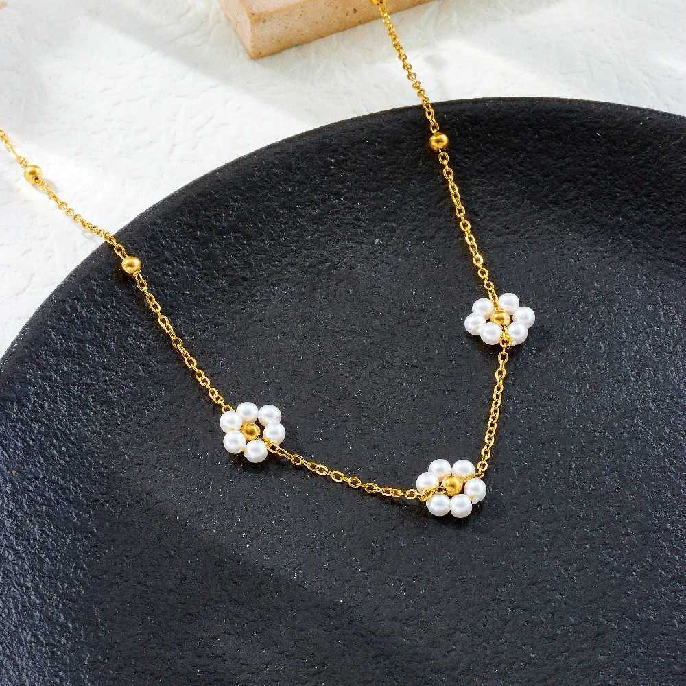 DIEYURO 316L Stainless Steel Pearl Splicing Flowers Necklace Earrings Set For Women Girl New Fashion Trend Jewelry Gift Z250607