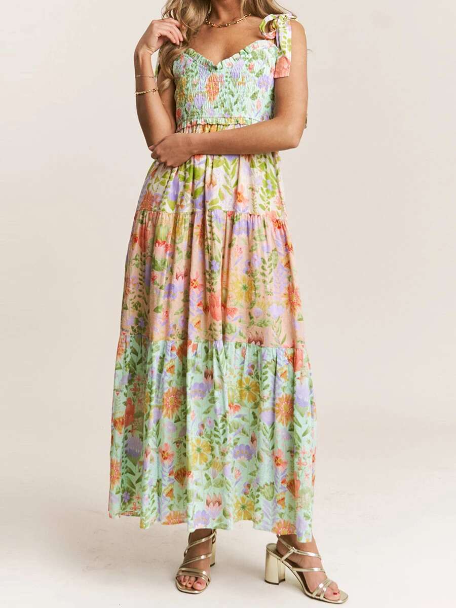 Womens Boho Floral Print Sleeveless Dress with Tie-up Straps and Backless Design Perfect for Summer Beach Parties and