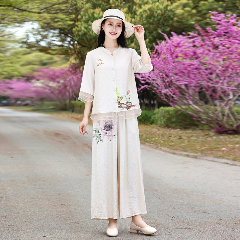 Womens Cotton and Hemp Set Plus Size Summer Half Sleeve Top Retro Print 2024 Multi Color Wear 250603