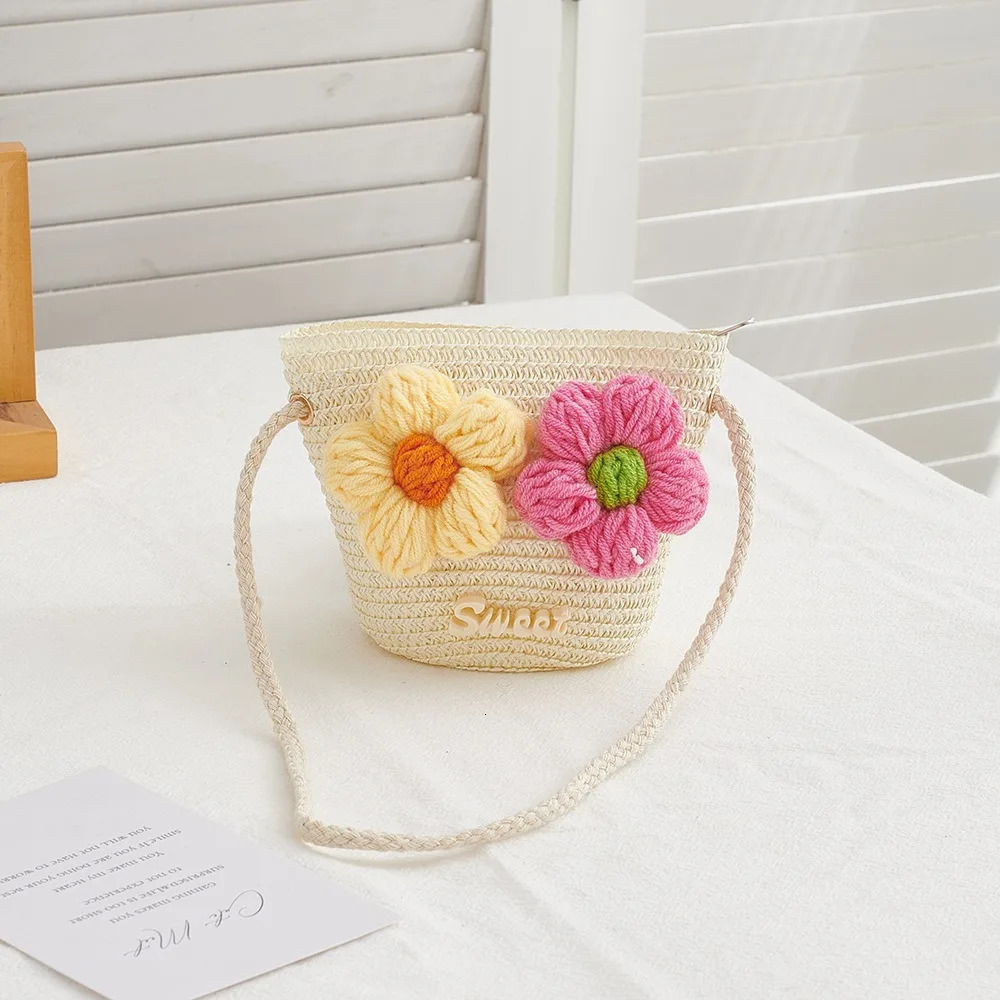 Mini Zipper Flower Straw Bag Summer Beach Coin Purse Po Props Kid Messenger Bags Handmade Woven Storage Basket 250605