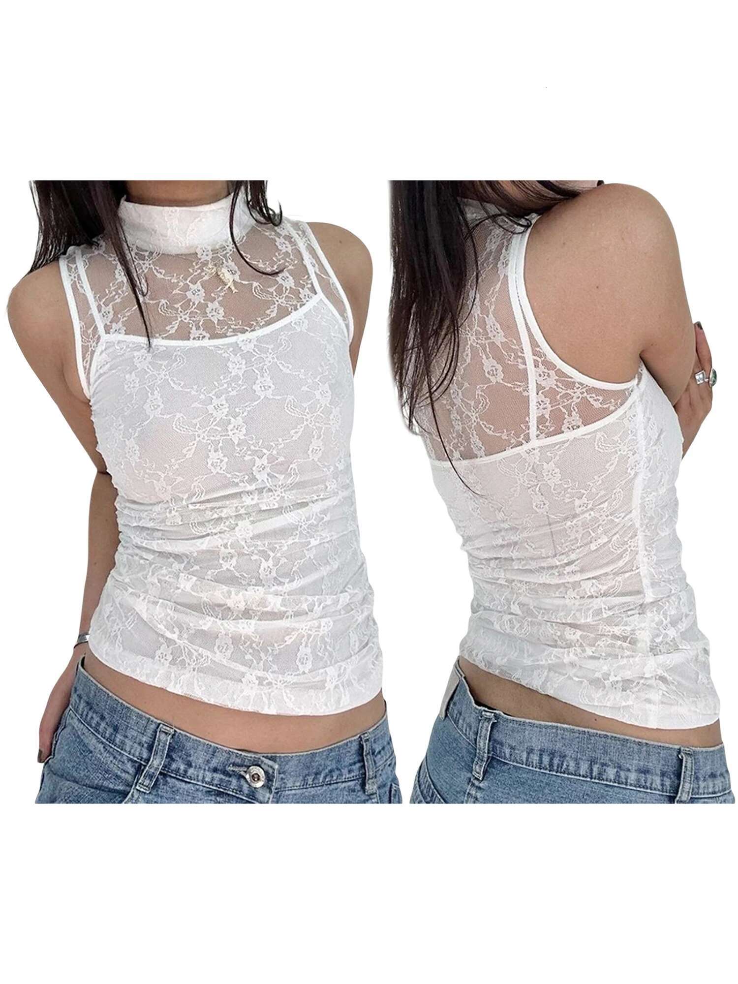 Women Tank Tops Lace Mesh Patchwork Mock Neck Casual Vests Summer Sleeveless Tops Streetwear