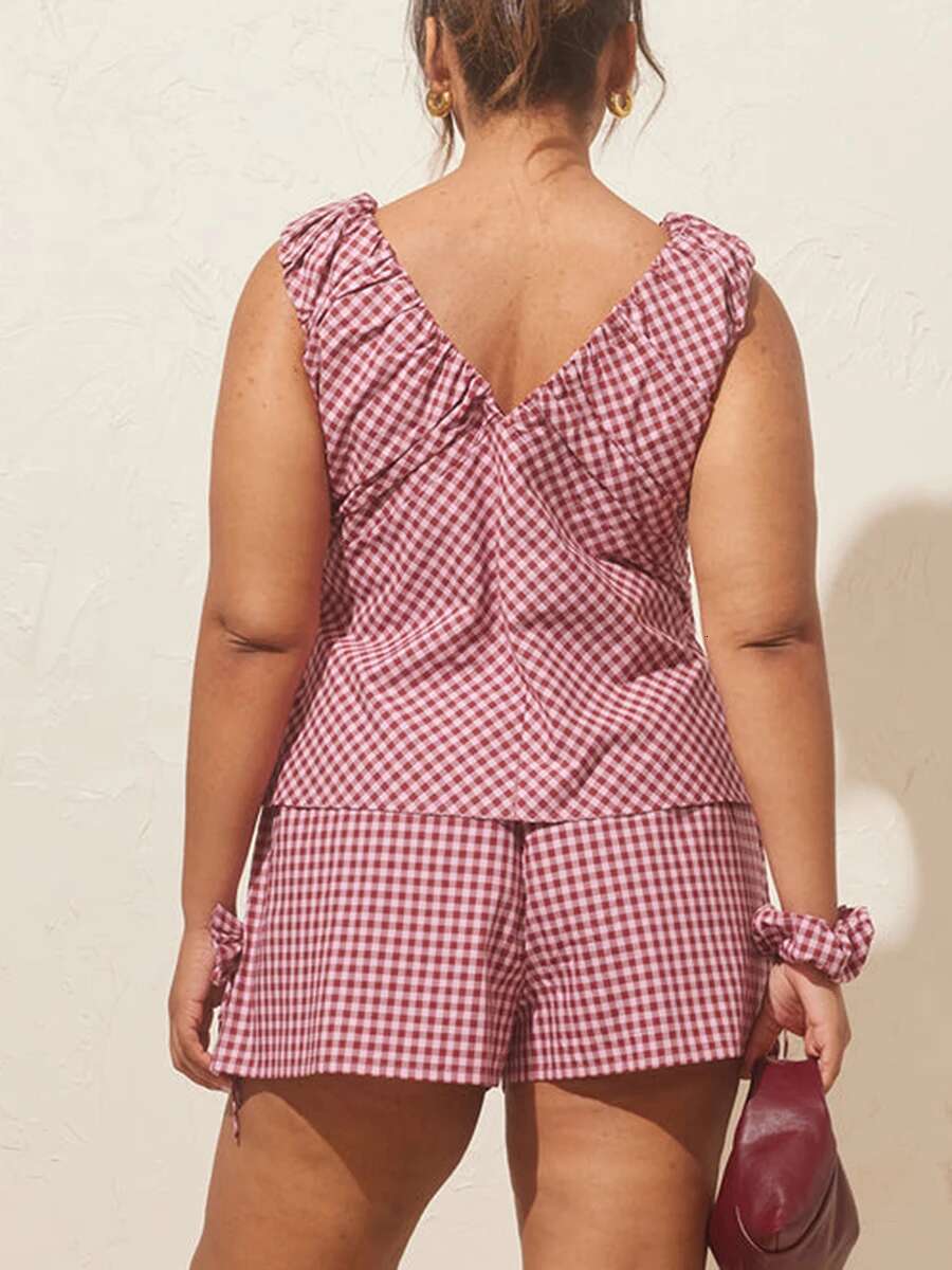 Womens Plaid Matching Set with v Neckline Off Shoulder Short Sleeve Top Bow Detail Elastic Waist Shorts and Pockets - 2