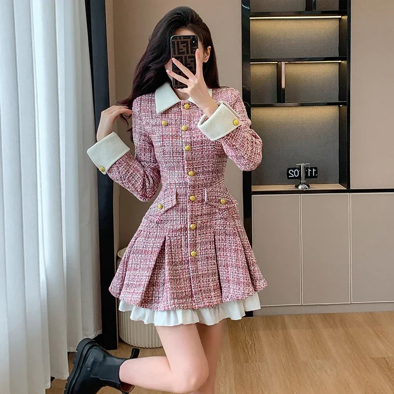 Small Fragrant Style Tweed Pink Dress for Women Autumn French Socialite Single-breasted Color Splicing Slim Short Dress 250603