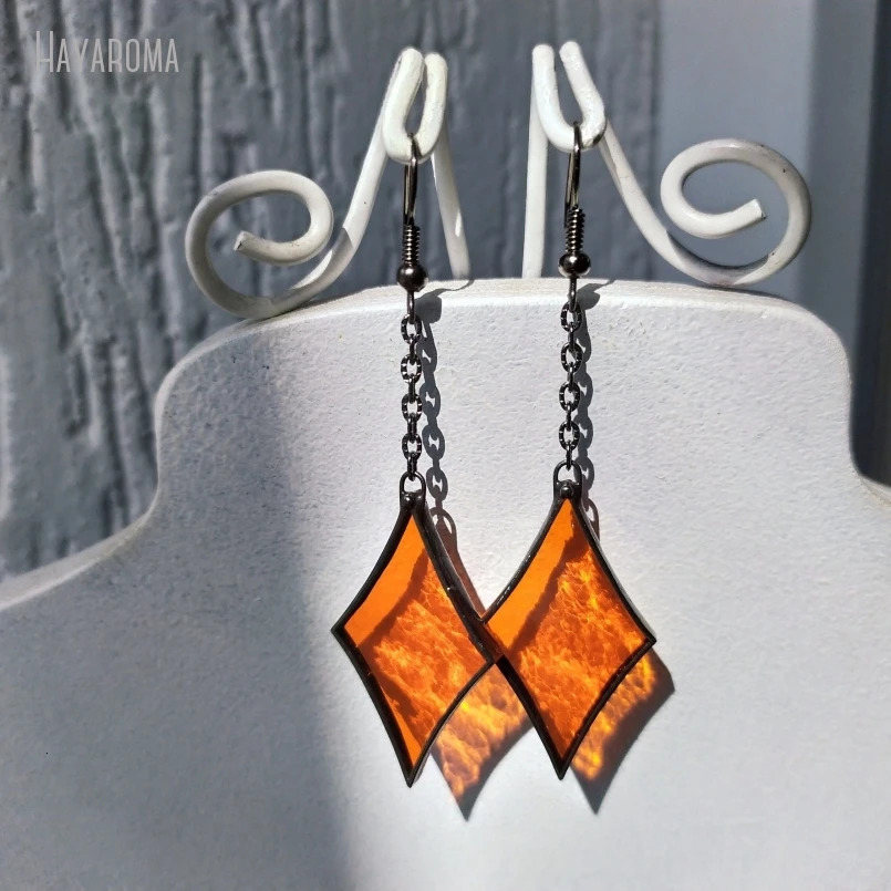 Gunmetal Color Black Orange Stained Glass Sun Catcher On Chain Blazing Soldered Jewelry Gift Elegant Earring ER39875 250604