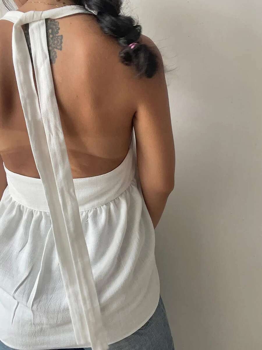 Womens Halter Neck Sleeveless Crop Top with Lace-up Back Detail Sexy Solid Striped Camisole for Night Out Clubwear