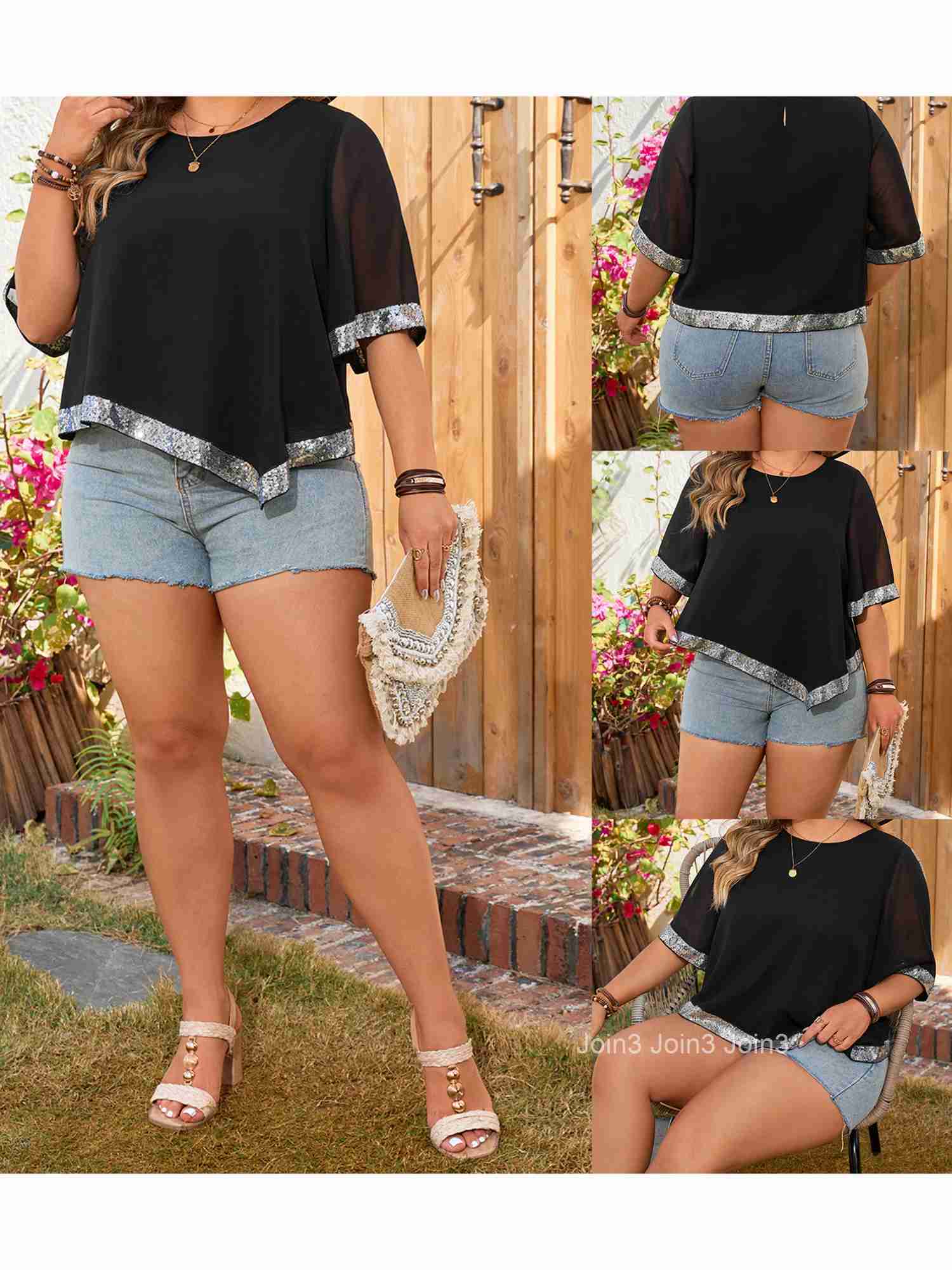 Womens Plus Size T-shirt with Sparkling Sequin Detail and Stylish Asymmetrical Hemline Perfect for Warm Weather Seasons