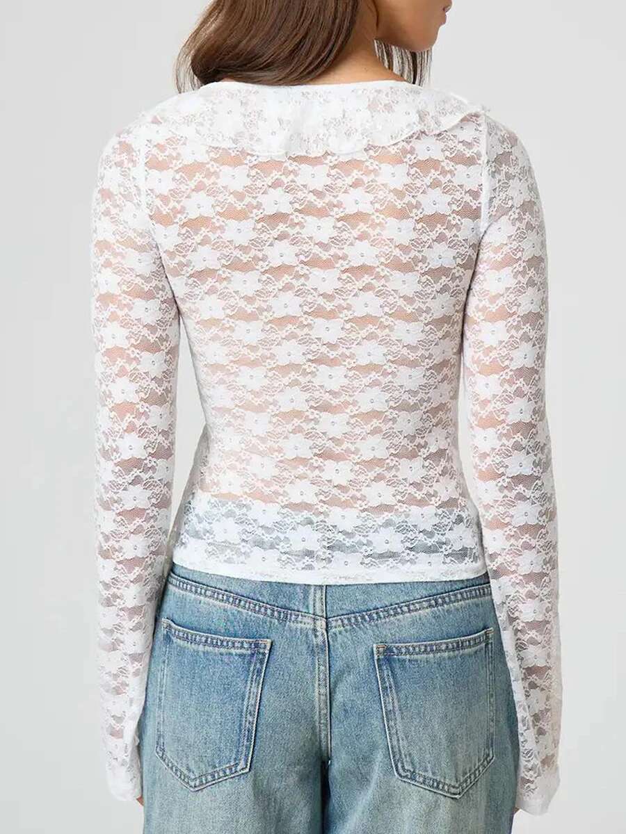 Womens Long Sleeve Lace Trim V-neck T-shirt with Ruffles - Fit Spring and Fall Casual Top for a Stylish Look