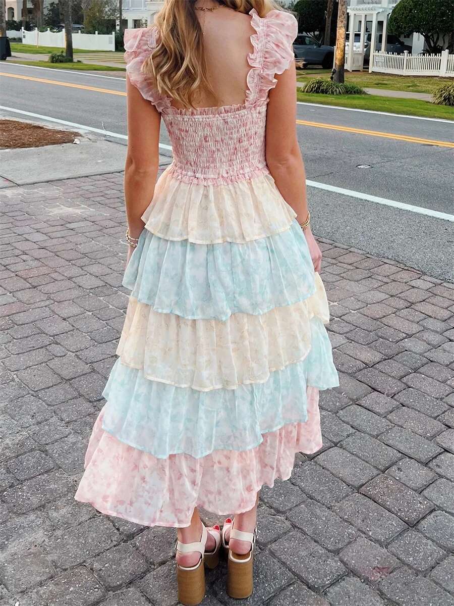 Womens Elegant Floral Print Chiffon Maxi Dress with Spaghetti Straps and A-line Silhouette for Summer Beach Wedding Party