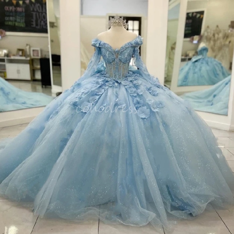 Elegant Light Blue Quinceanera Dress 2025 With Flowers Off Shoulders Long Sleeve Sweet 16 Dress 2025 Party Gown Vestidos De Xv Anos Fiffteen Birthday 