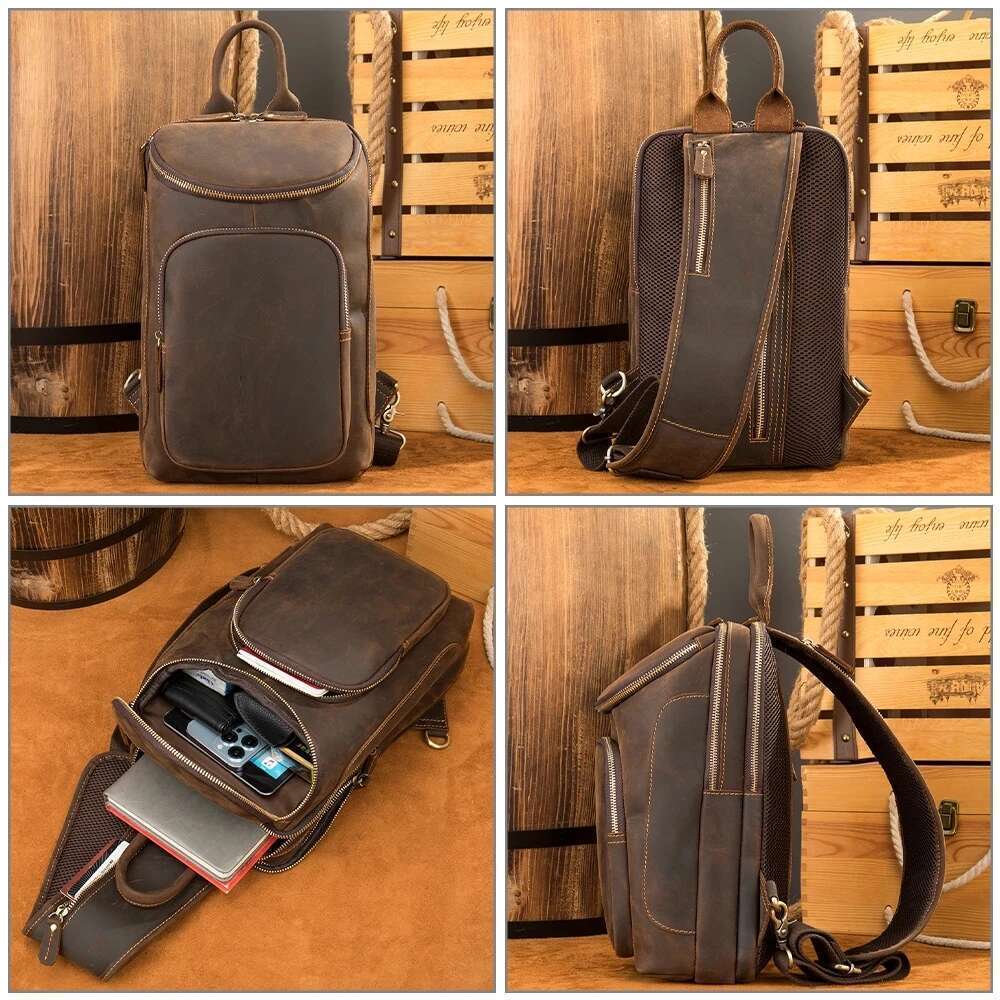 Men Bagpack Shoulder Cross Body Genuine Leather Cowskin Chest Pack For Outdoor Travel Messenger Bag Riding