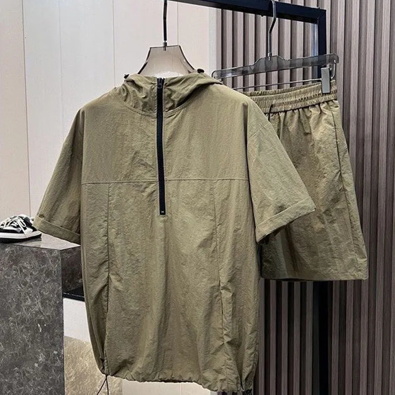 Summer Mens fashion hoodie and shorts 2-piece set loose thin and lightweight workwear outdoor casual sports youth suit 250603