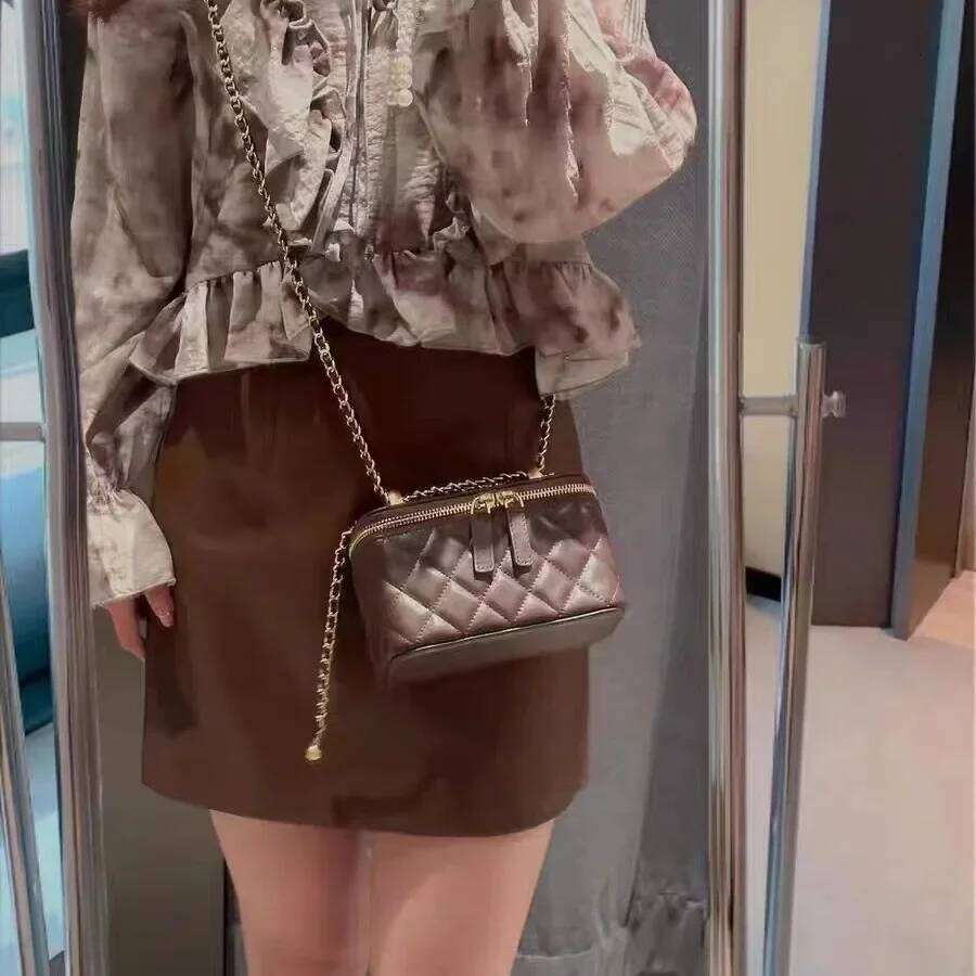 Tweed Style Genuine Leather Women's Gold Ball Argyll Chain High-End Feel Lipstick Crossbody Small Square Bag