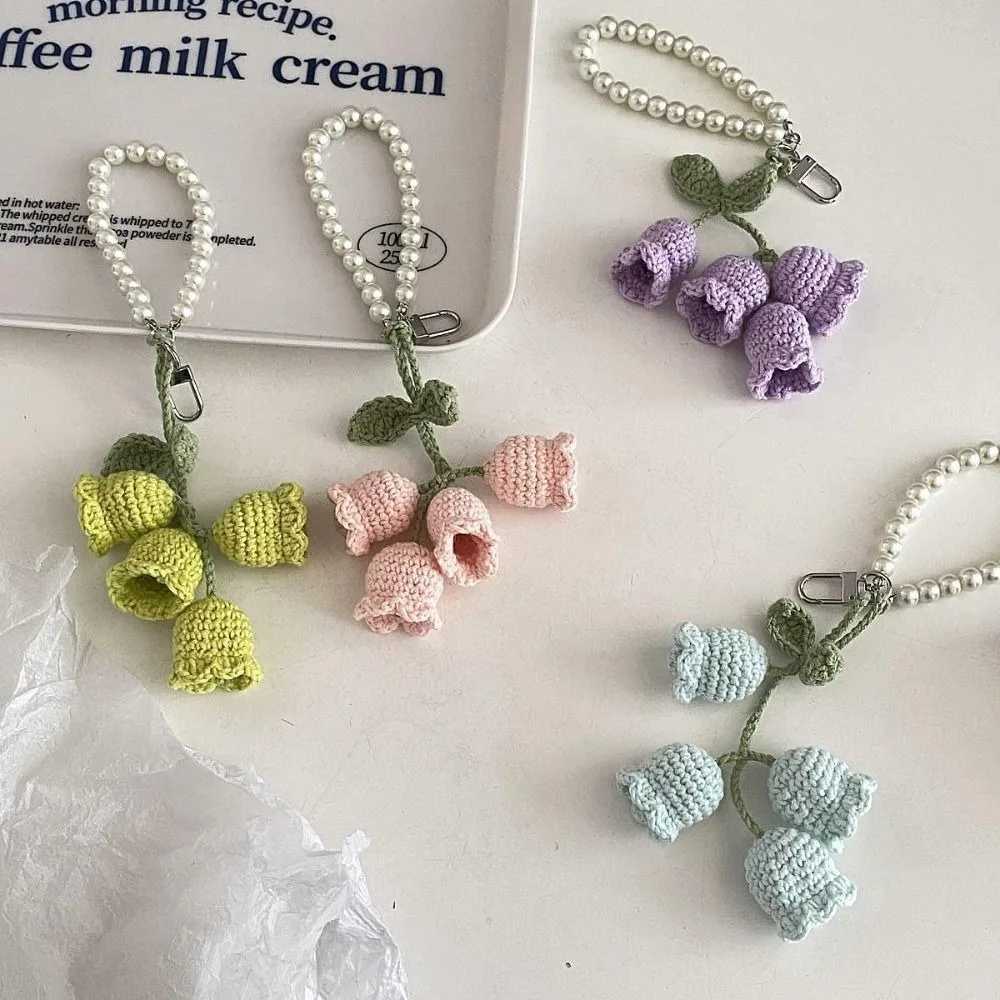 Creative Wool Crocheted Bolling Orchid Key Ring Ins Cute Girl Pearl Chain Key Chain Handmade Knitted Bag Pendant Charm Gift XJ250607
