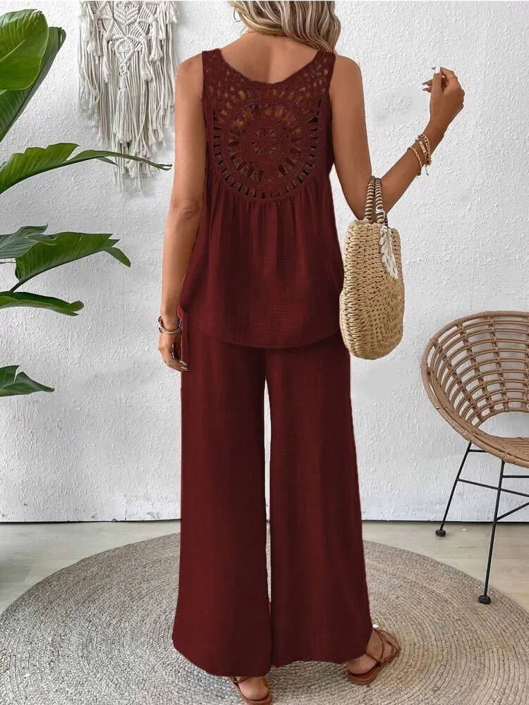 Hollow Out 2 Piece Sets Women Lace Sleeveless Top Wide Leg Pants Set Solid Color Matching Sets 2 Piece Sets Women 250605