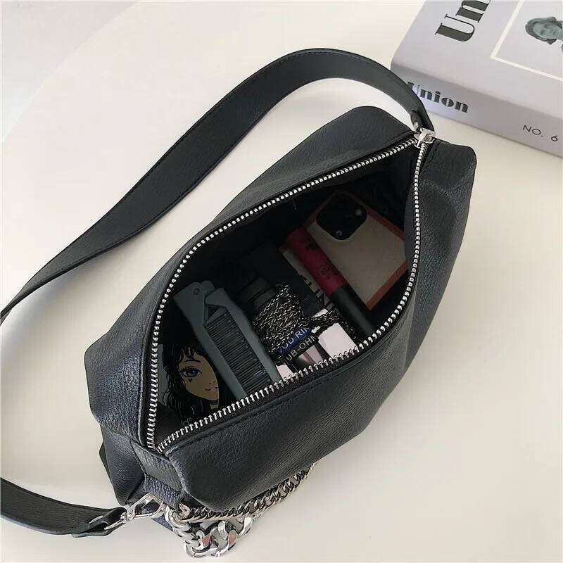 Fashion Women Messenger Bag PU Leather Elegant Chain Money Purse Shoulder Crossbody Bags Pouch Solid Color Ladies Handbags Black