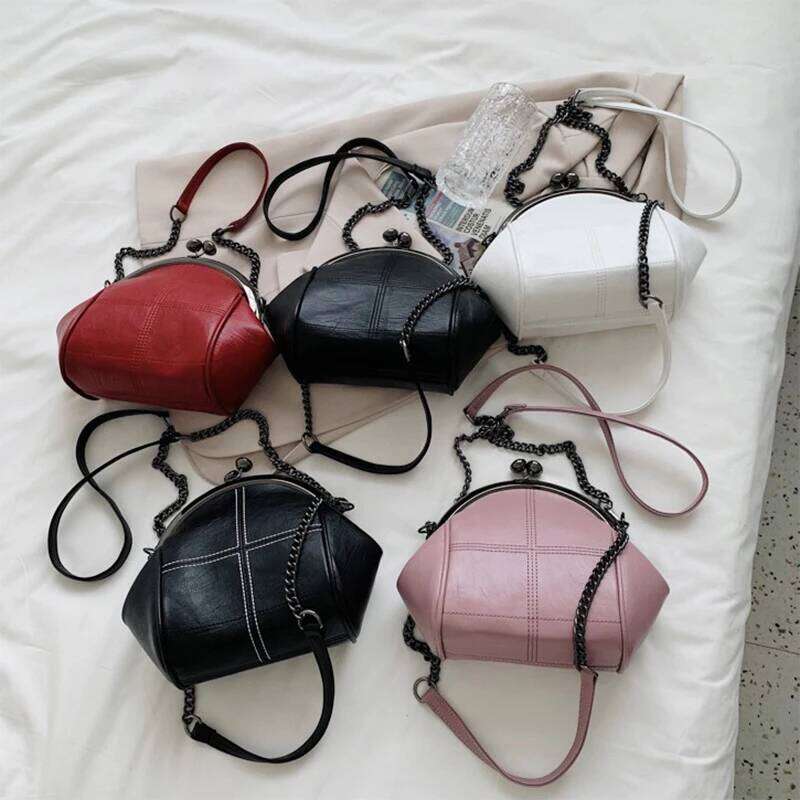 2025 New Vintage Two Straps Shell Lock Bag Chain Women Shoulder Crossbody Bags PU Leather Tote Women's Handbags Purses