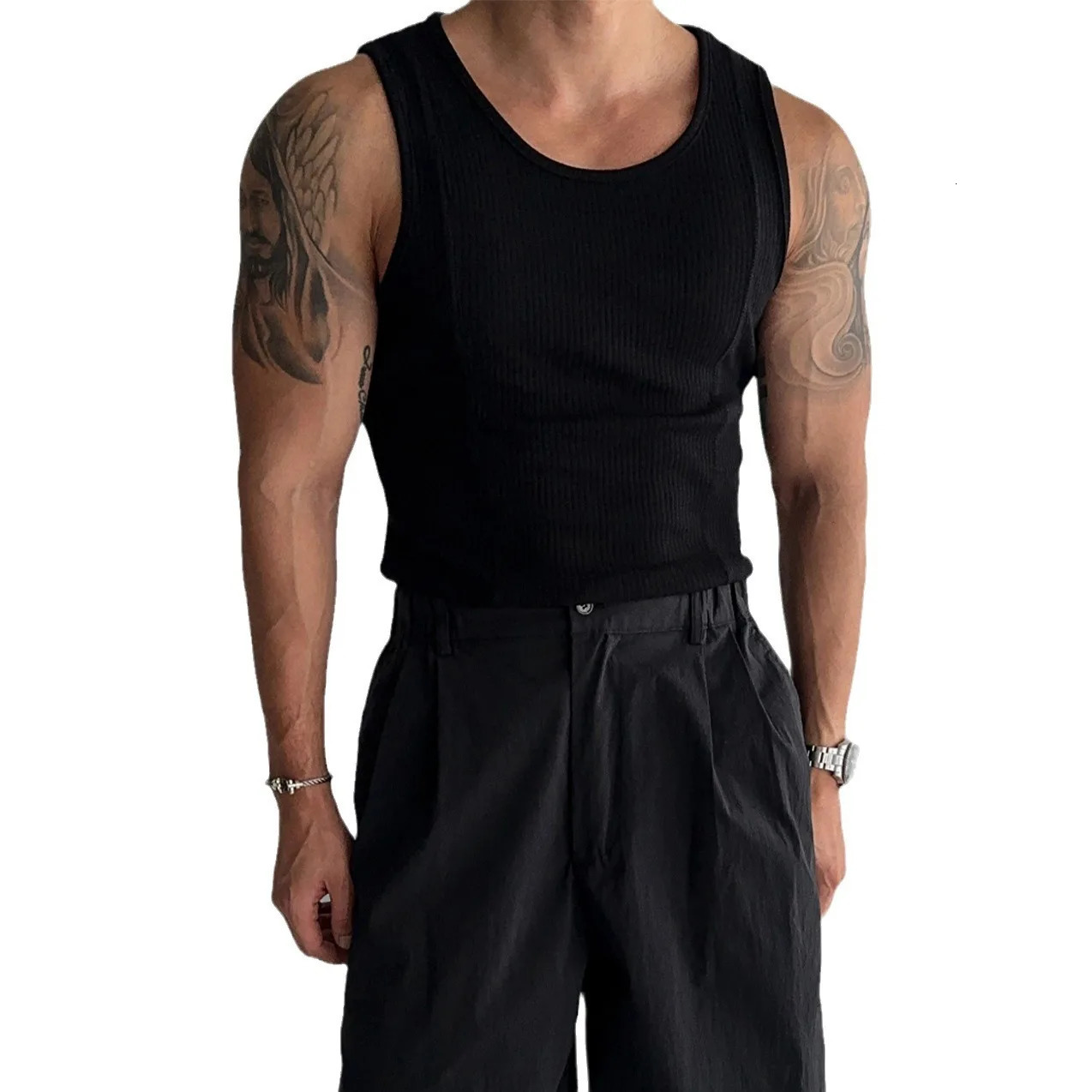 Striped Sleeveless Vest High Stretch Splicing Tight Sports Mens Summer Running I Word Quick Dry Fitness Top Solid Color 250527