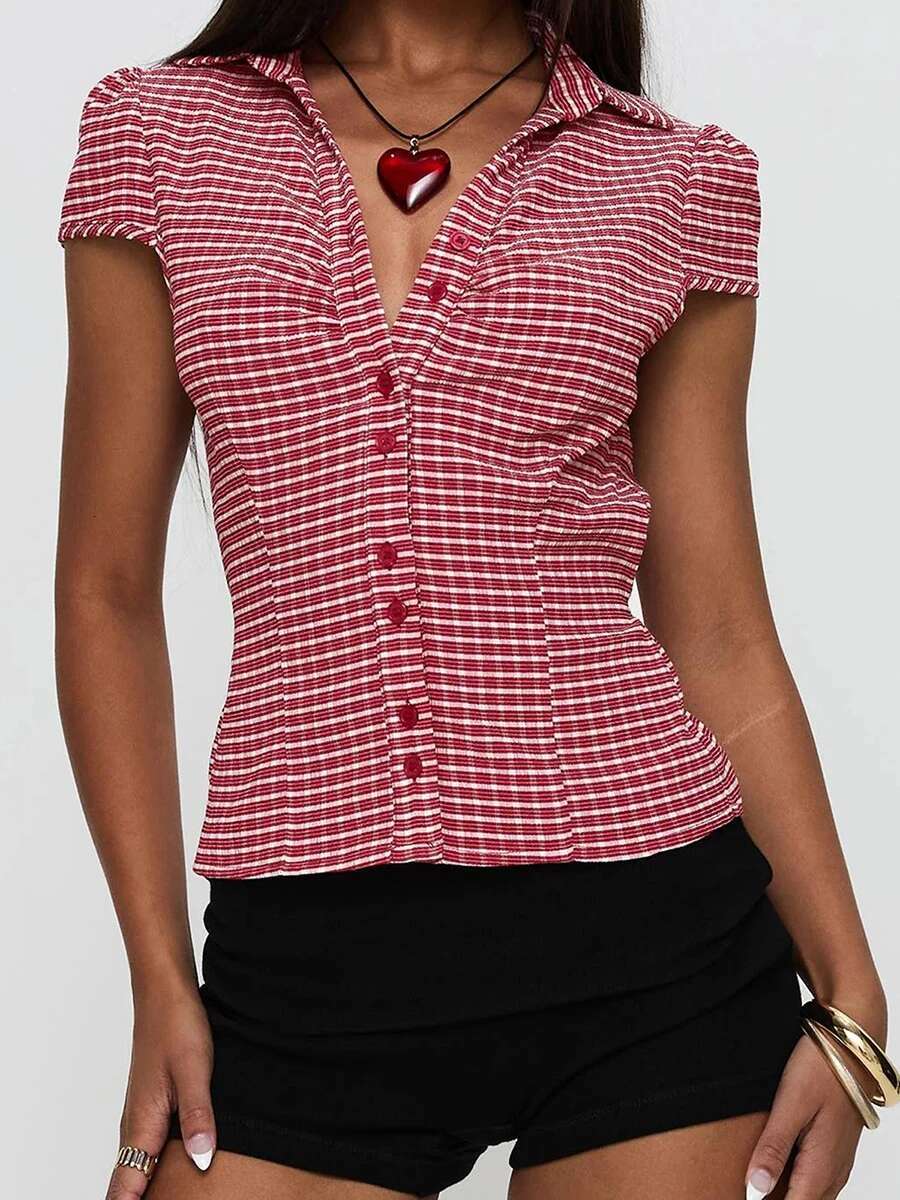 Womens Stylish Plaid Print Short Sleeve Shirt Lapel Button Down Fit Casual Blouse Streetwear Summer Tops Collection
