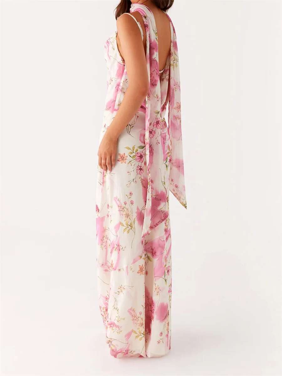 Womens Boho Maxi Dress with Off-shoulder Ruffle Sleeve and Floral Print Summer Beach Party Casual Dress with Matching Headband