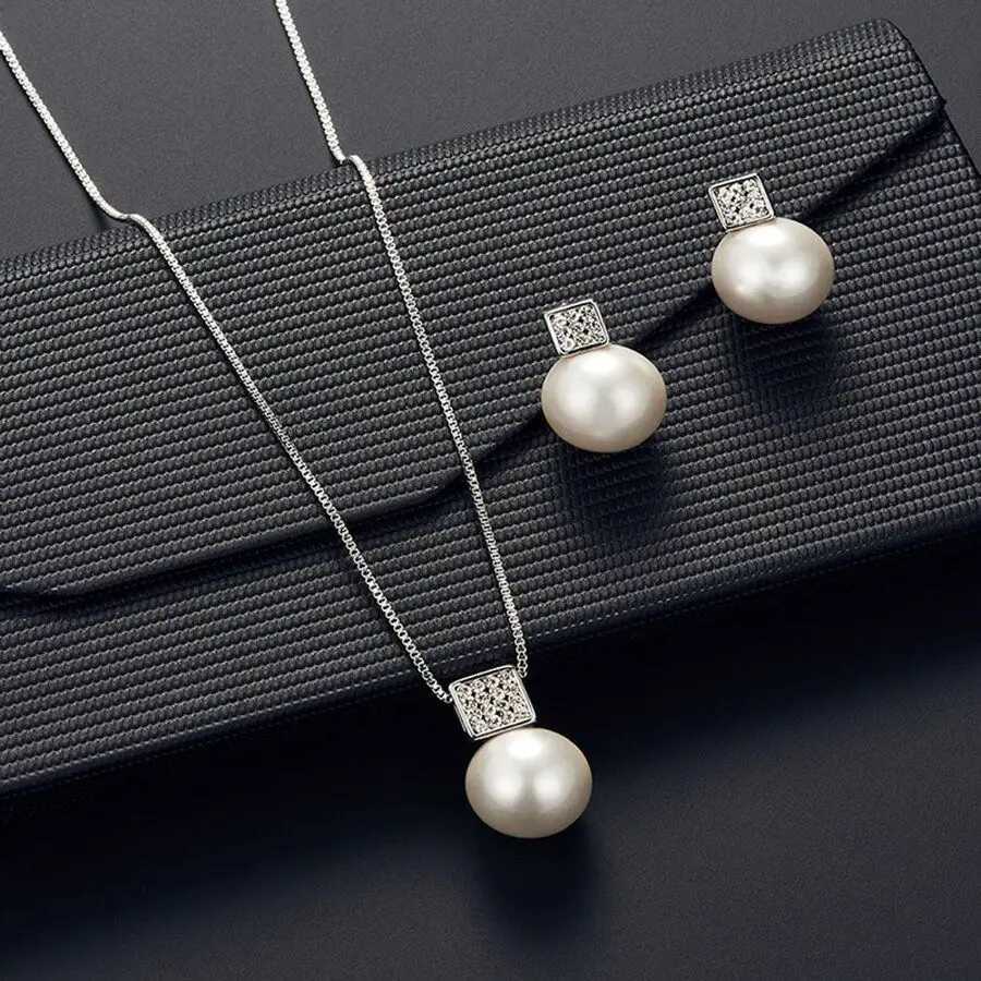 2 PCS Imitation Pearl Pendant Women Necklace Earring Stud Set Silver Color Snake Chain Square Metal Full Crystal Jewelry Set Z250607