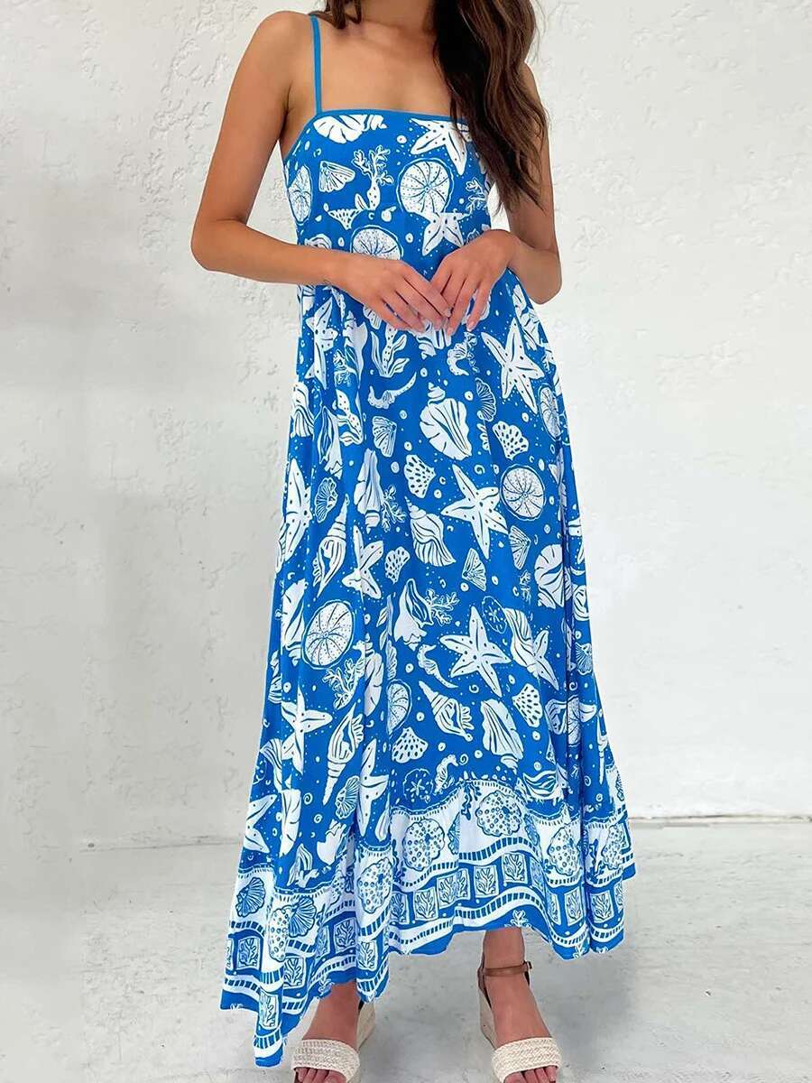 Womens Elegant Floral Print Sleeveless Maxi Dress with Adjustable Spaghetti Straps and A-line Silhouette for Summer Beach