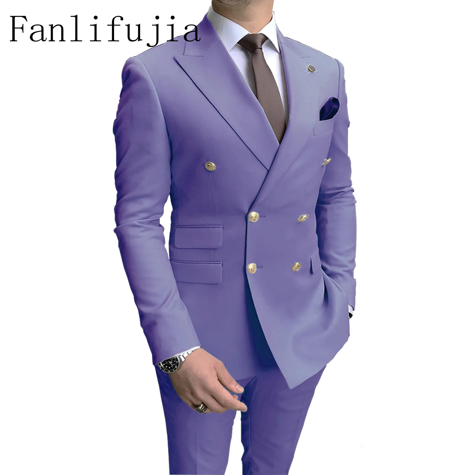 Fanlifujia Store Casual Sky Blue Men Suits Double Brested Lapel Gold Button Groom Wedding Tuxedos Costume Homme 250530